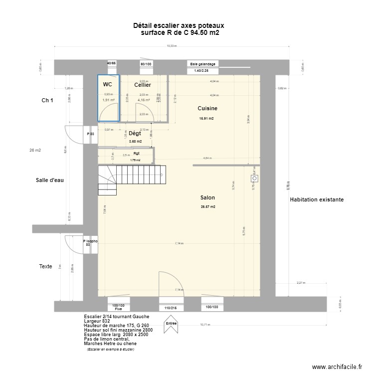 Modifications escalier et fenetres**. Plan de 3 pièces et 69 m2