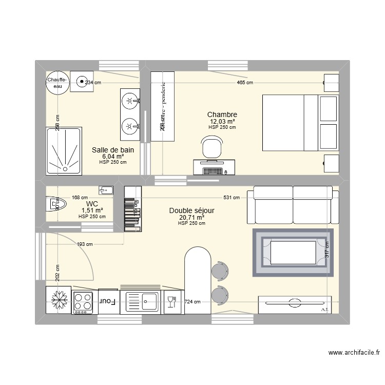 Fil rouge 1. Plan de 4 pièces et 40 m2