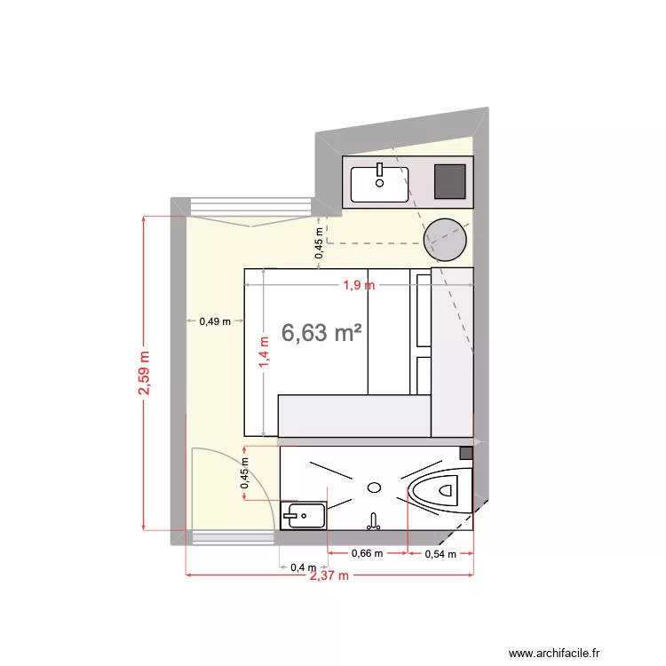 chambre 2 bis. Plan de 1  et 7 m²