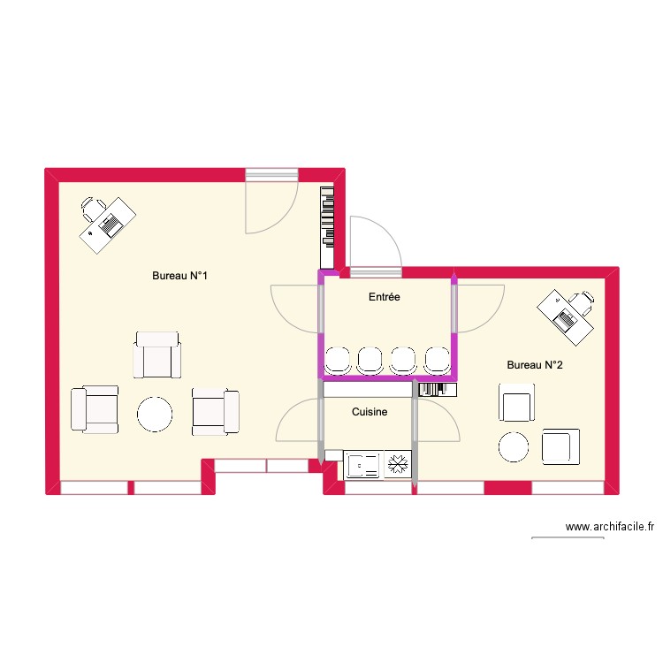 RDC . Plan de 4 pièces et 50 m2