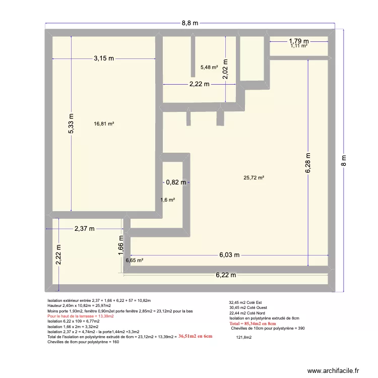 Surface au sol et int&eacute;rieur. Plan de 