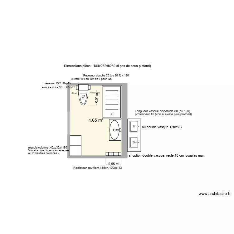 Salle d'eau. Plan de 1  et 5 m²