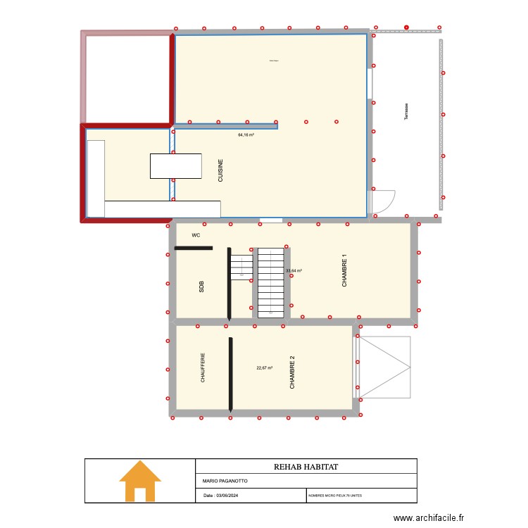 MARIO PAGANOTTO . Plan de 3 pièces et 120 m2