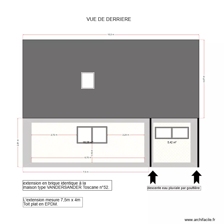 facade arri&egrave;re avec extension. Plan de 2  et 22 m²