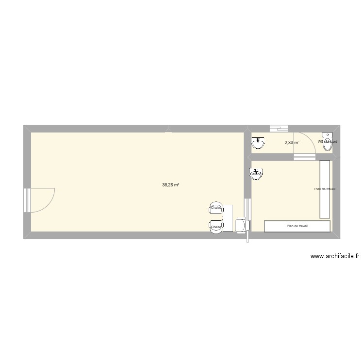 magasin. Plan de 2 pièces et 39 m2