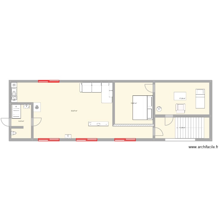 Mezzanine V3. Plan de 5 pièces et 103 m2