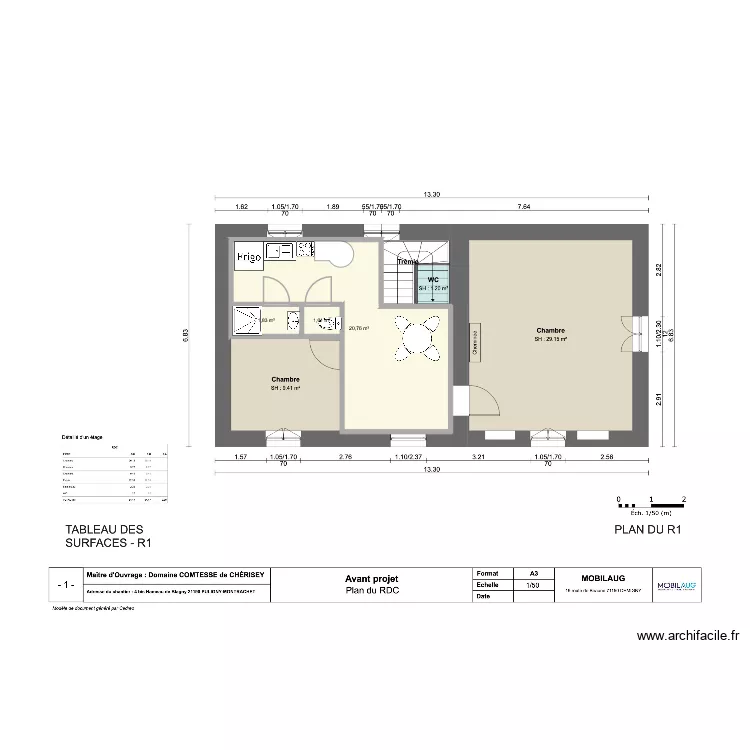 Essai 3 mur c&ocirc;t&eacute; chambre sans cuisine. Plan de 3  et 24 m²