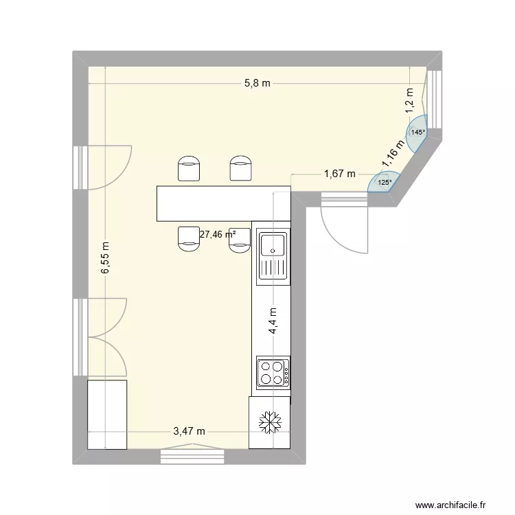 Cuisine Saint martin Existant. Plan de 1  et 27 m²