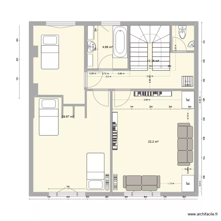 Temple 1er &eacute;tage V2. Plan de 4  et 69 m²