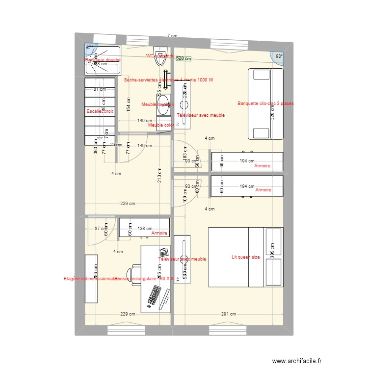 etage maison. Plan de 3 pièces et 38 m2