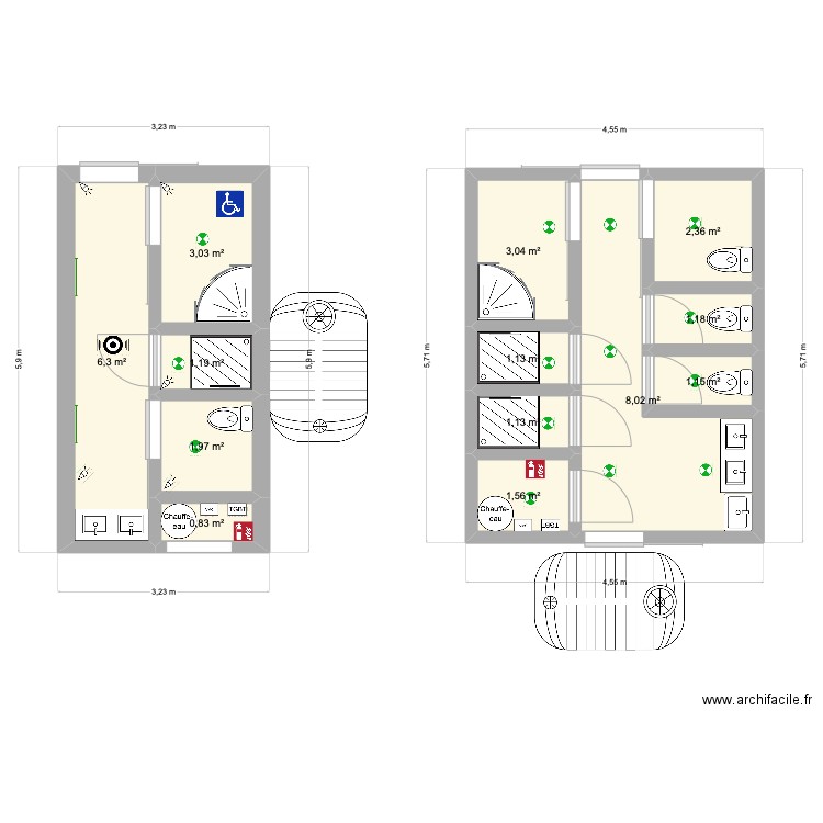 sanitaire. Plan de 13 pièces et 33 m2