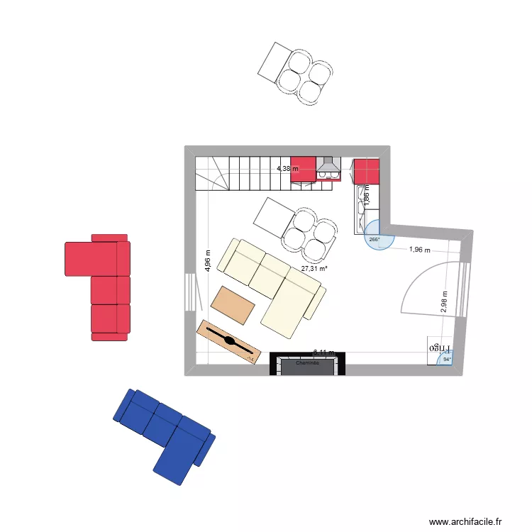 Pessines salon cuisine 2. Plan de 1  et 27 m²