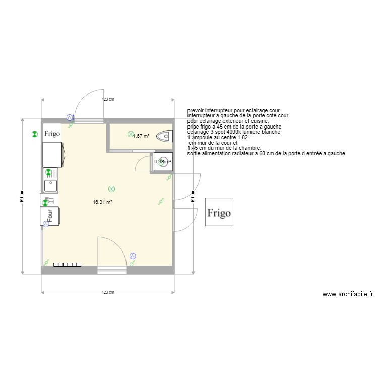 cuisine . Plan de 3 pièces et 18 m2