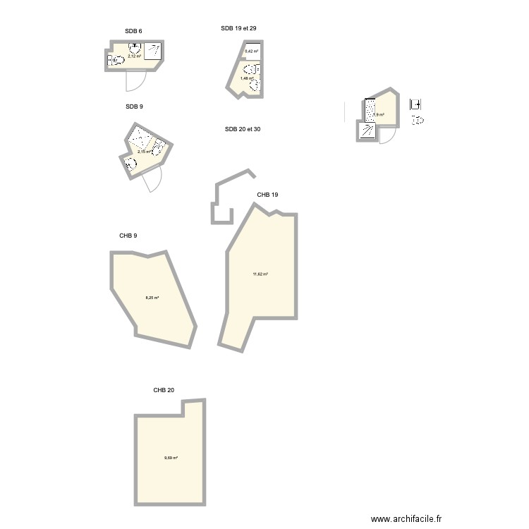 bergson bis. Plan de 8 pièces et 38 m2