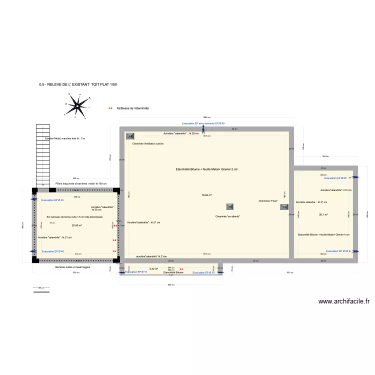 0.5 - RELEVE DE L'EXISTANT TOIT PLAT 1/50. Plan de 0.5 - RELEVE DE L'EXISTANT TOIT PLAT 1/50. Plan de