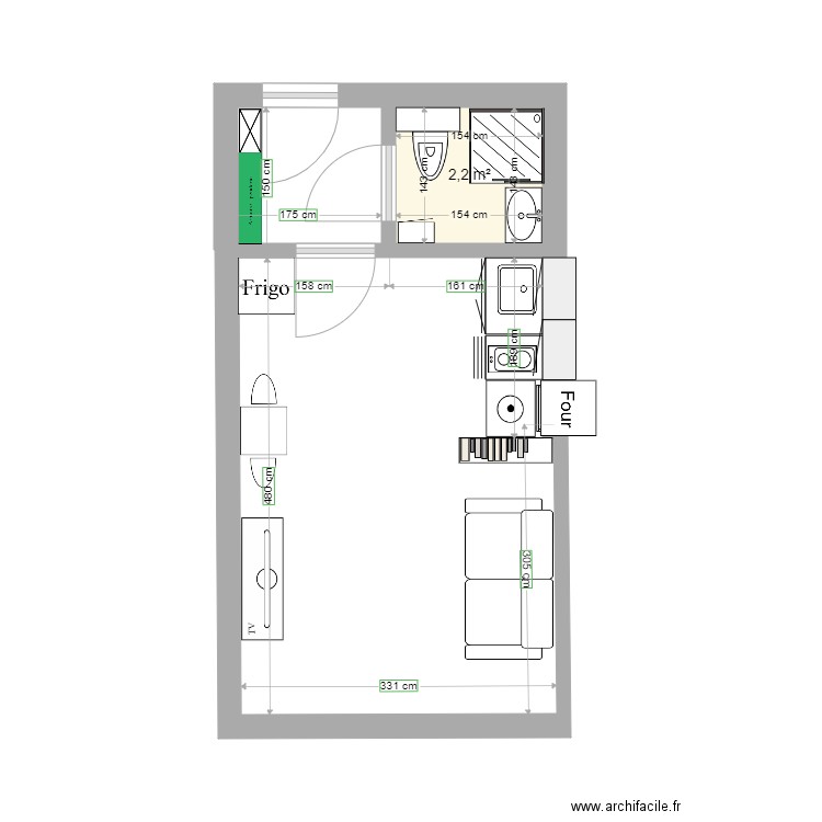 Smolett V2. Plan de 1 pièce et 2 m2