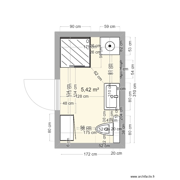 Salle de bain PM 3. Plan de 1 pièce et 5 m2