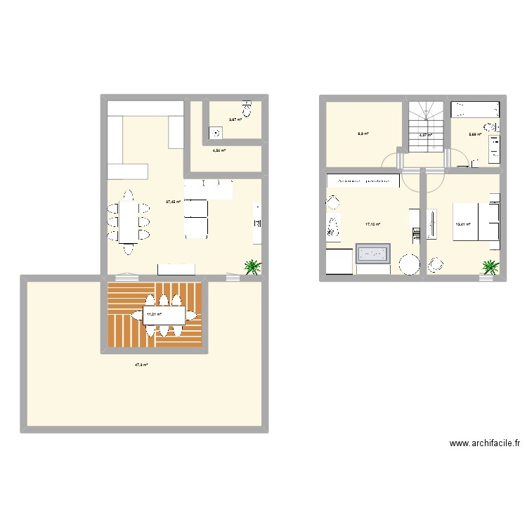Duplex. Plan de 10 pièces et 154 m2