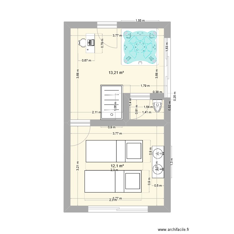 spa. Plan de 2 pièces et 25 m2