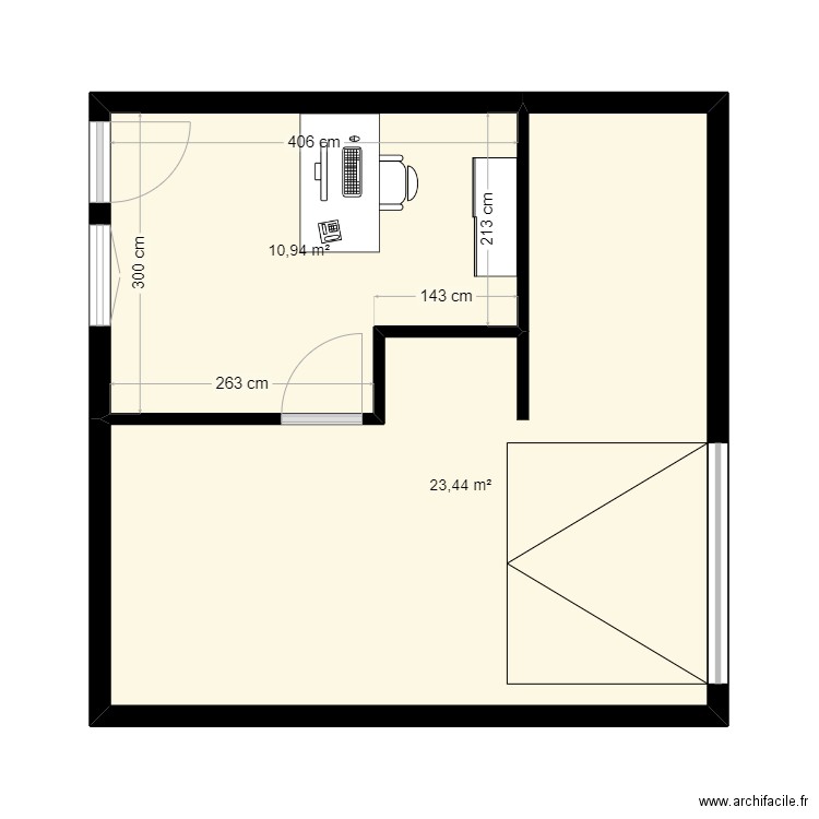 NP BUREAUX. Plan de 2 pièces et 34 m2