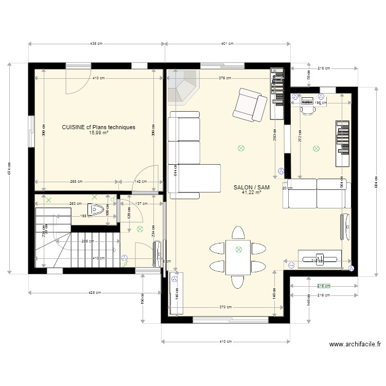 RDC. Plan de 3 pièces et 66 m2