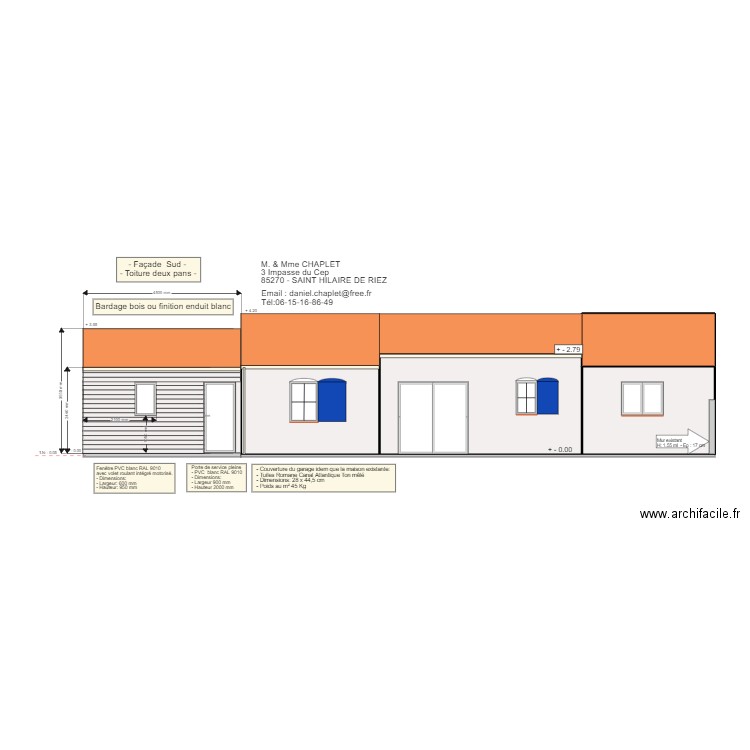 Extension garage façade Arrière Couverture et bardage bois. Plan de 4 pièces et 42 m2