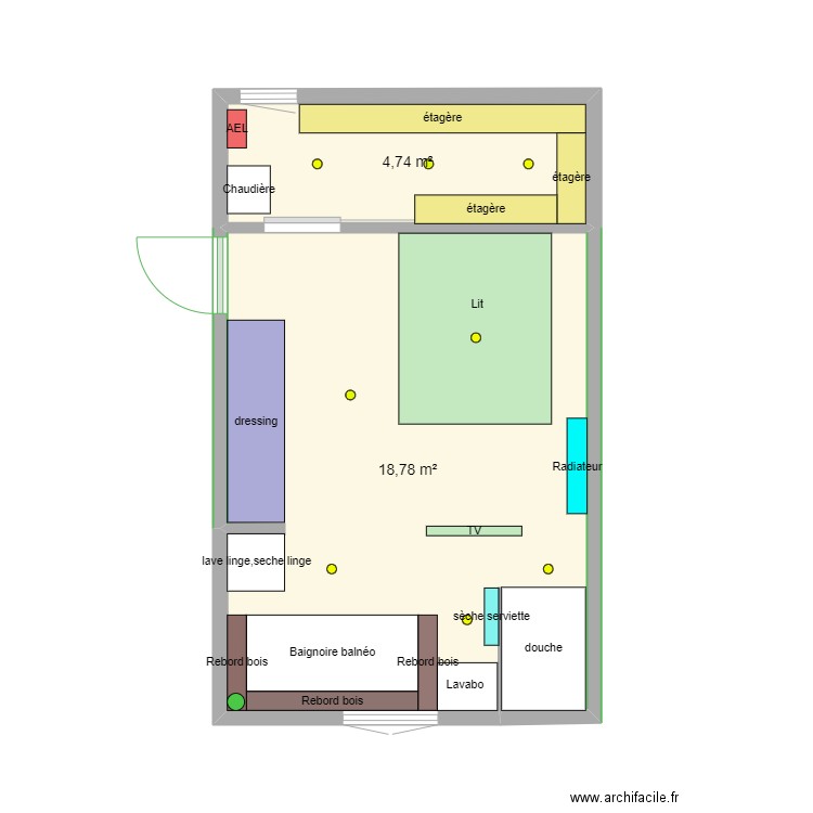 chambre. Plan de 2 pièces et 24 m2