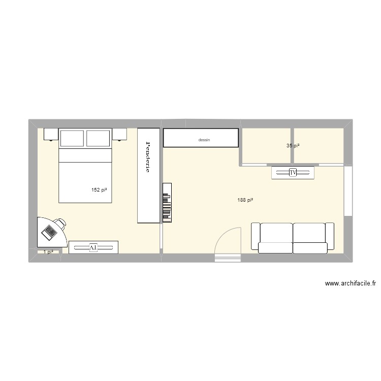 Salon s-sol essai 2. Plan de 4 pièces et 35 m2