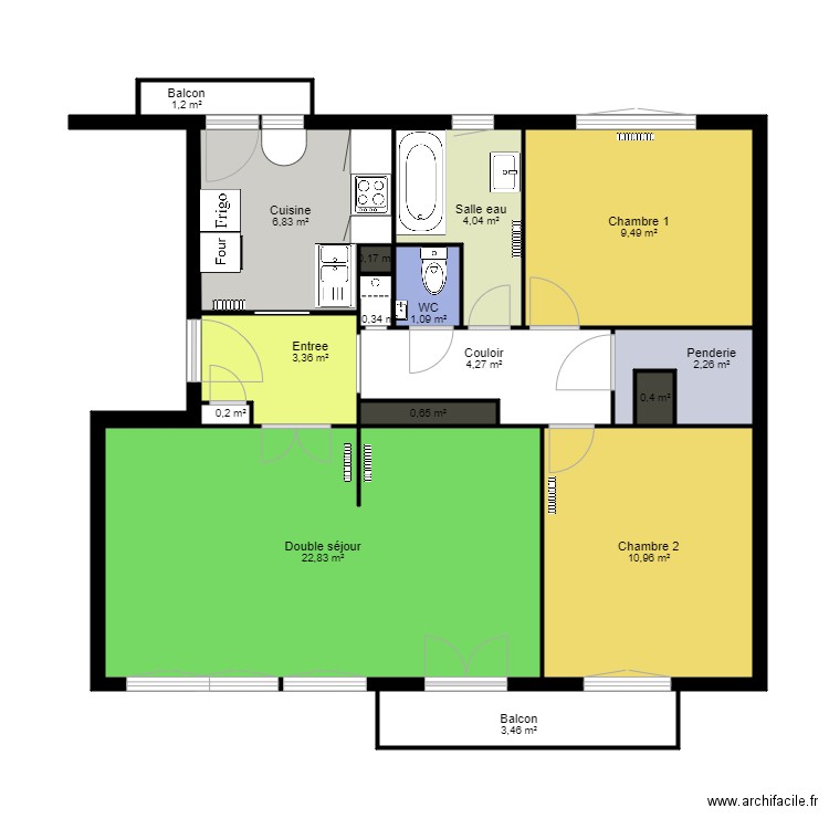 bert. Plan de 16 pièces et 72 m2