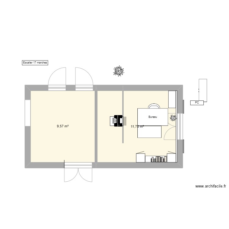 Bureau maison 230922. Plan de 2 pièces et 21 m2