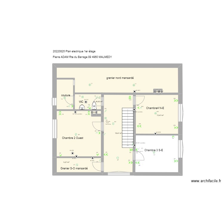 20220825 Plan electrique 1er étage avec câblage. Plan de 0 pièce et 0 m2