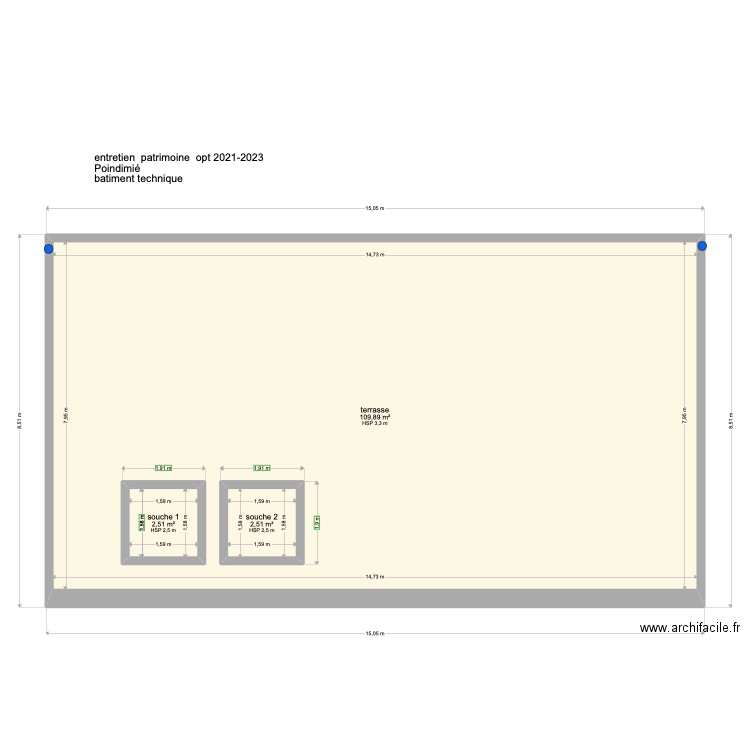 batiment technique opt Poindimié. Plan de 3 pièces et 122 m2