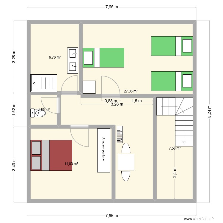 Etage 2. Plan de 5 pièces et 55 m2