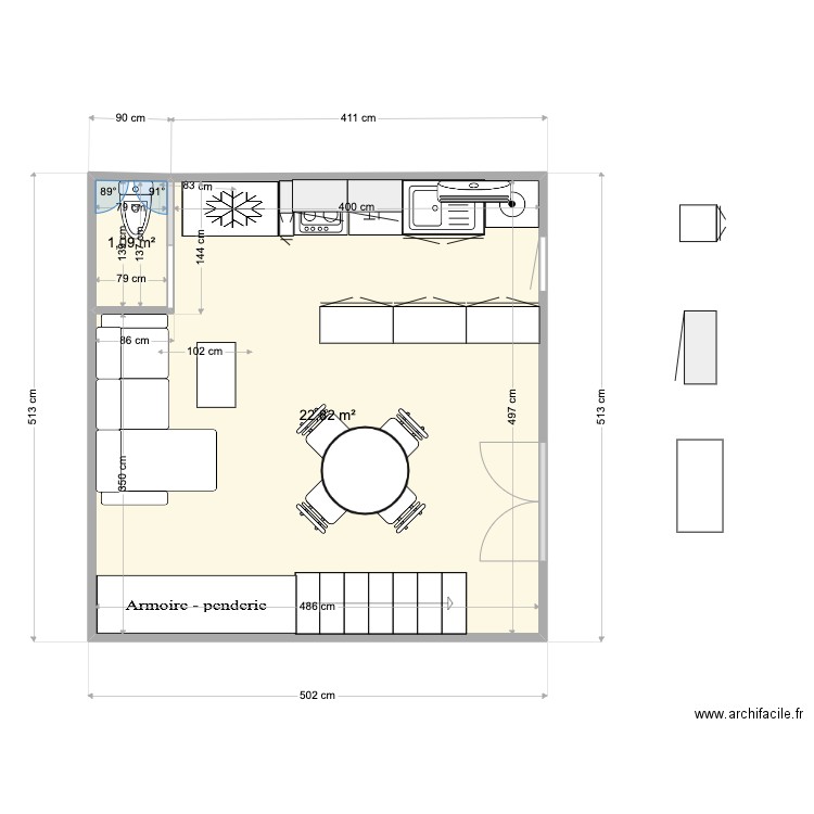 EDEN 7 Cuisine 3. Plan de 2 pièces et 24 m2