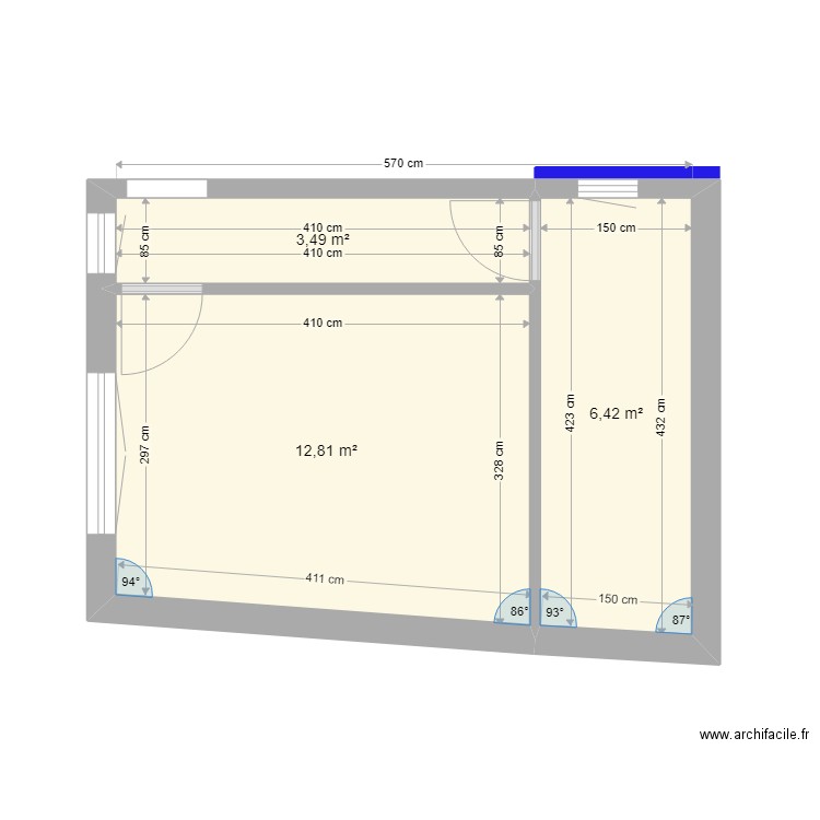 Extension nouvelle grande. Plan de 3 pièces et 23 m2