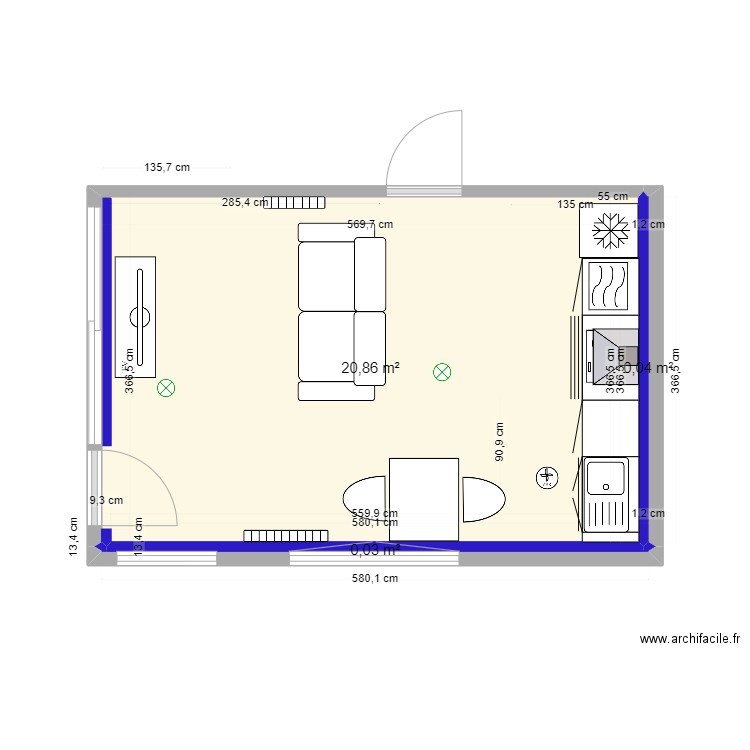 Plan PM Pièce Principale 16 validé. Plan de 3 pièces et 21 m2