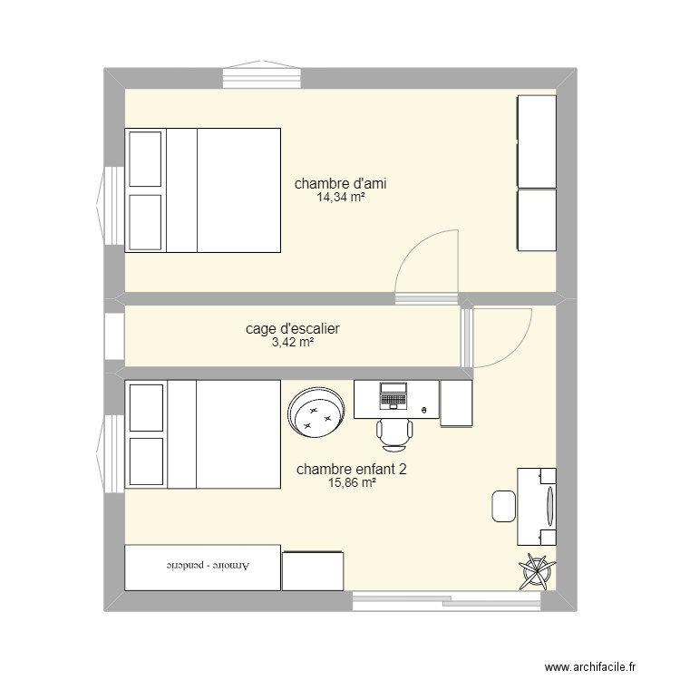 2e étage. Plan de 3 pièces et 34 m2