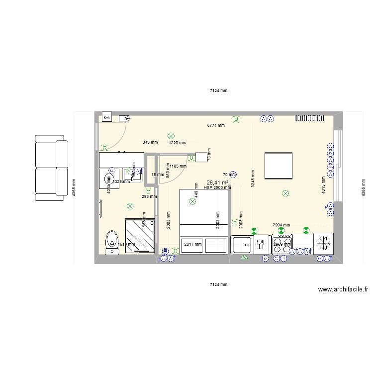 25 Parmentier travaux 1n. Plan de 2 pièces et 27 m2