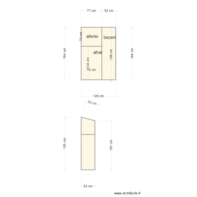 bezem kast en afval. Plan de 5 pièces et 3 m2