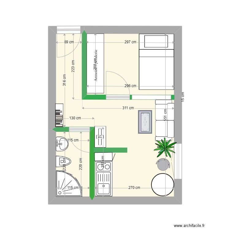 la frite studio plan 2. Plan de 2 pièces et 21 m2