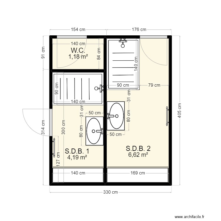 2 S.D.B.. Plan de 3 pièces et 12 m2