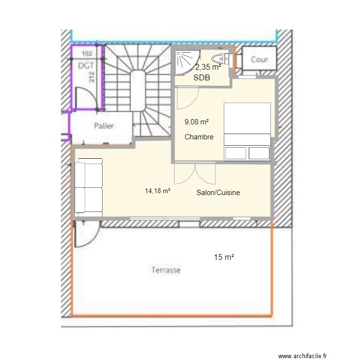 studio métrage Vf. Plan de 3 pièces et 25 m2