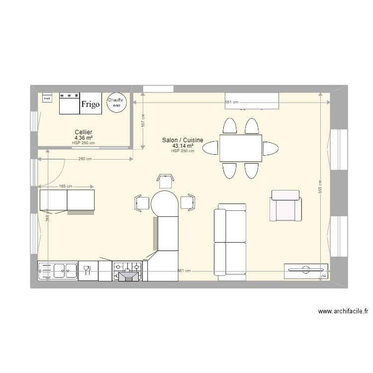 cuisine. Plan de 2 pièces et 48 m2