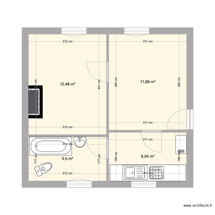 BROCARD existant. Plan de 4 pièces et 36 m2