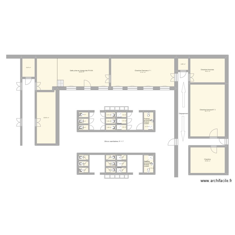 HDS Kiganda -  Bâtiment destiné service kiné. Plan de 28 pièces et 234 m2