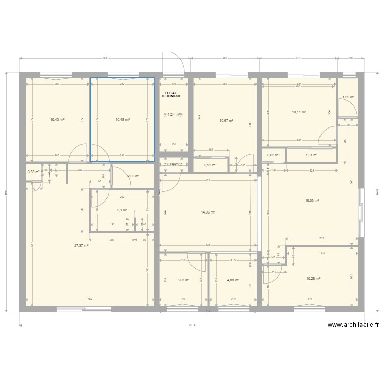 Yvrac SSOL Projet surfaces et mesures. Plan de 19 pièces et 139 m2