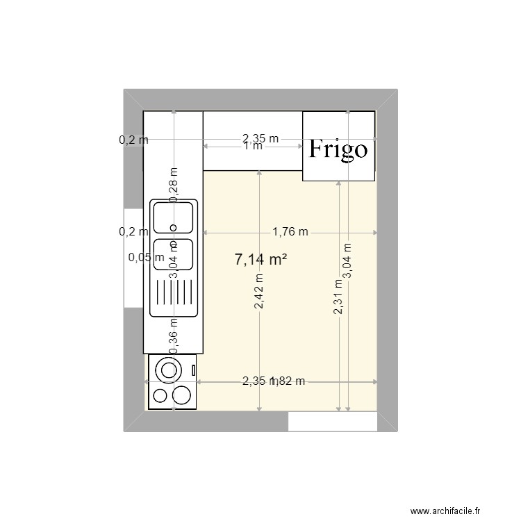 cuisine. Plan de 1 pièce et 7 m2