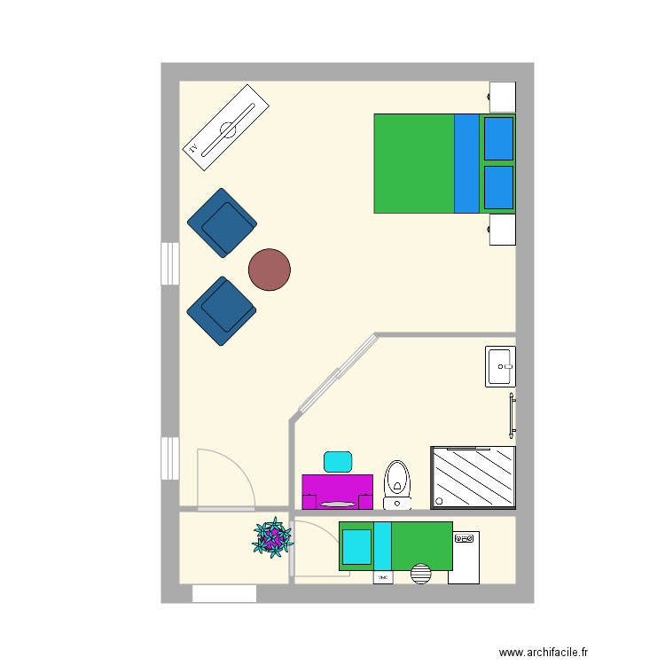 Chambre deux. Plan de 2 pièces et 33 m2