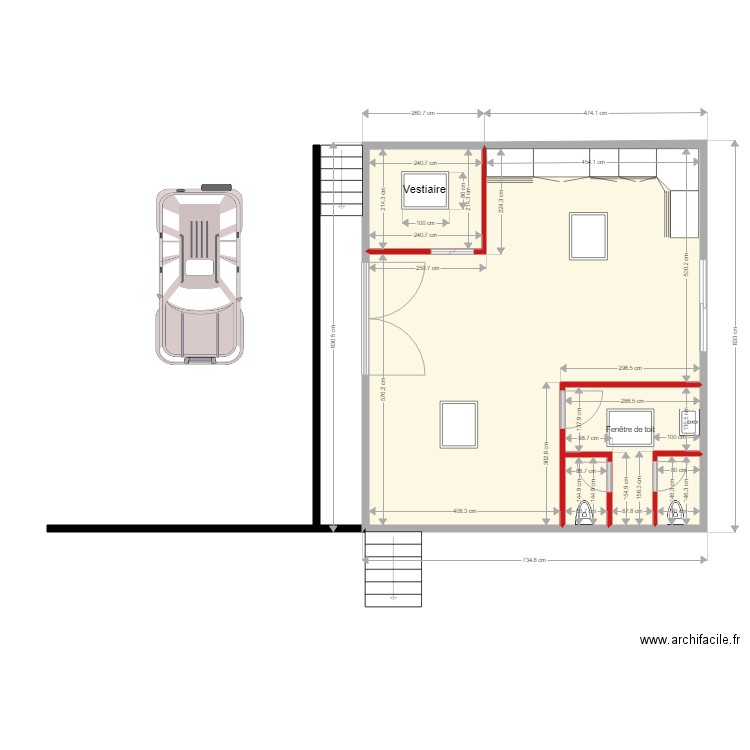 hall entrée, wc, cuisine. Plan de 5 pièces et 55 m2