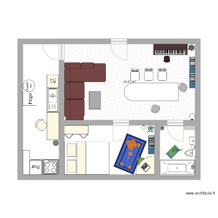 De8ha9h30. Plan de 2 pièces et 29 m2